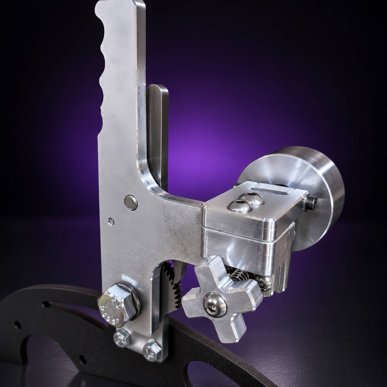 Nebula stainless tension arm with serrated grip, ratchet teeth and star knob, close-up, on black with a purple glow